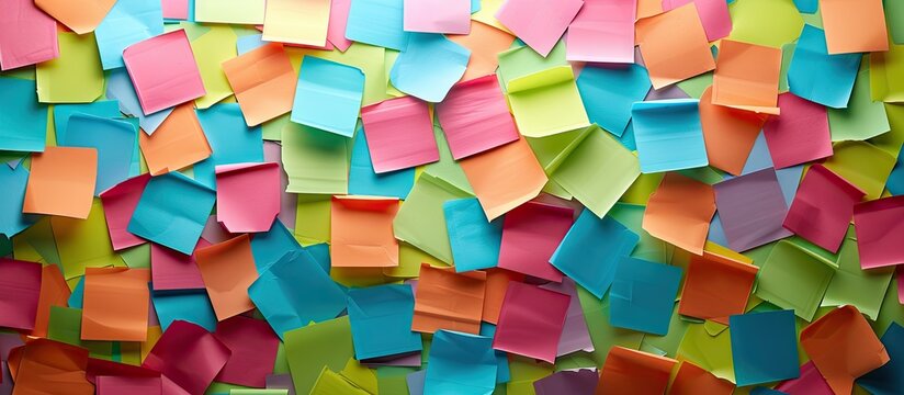 Vibrant background of colorful sticky notes in arranged patterns featuring shades of pink, yellow, green, and blue for versatile copy space usage