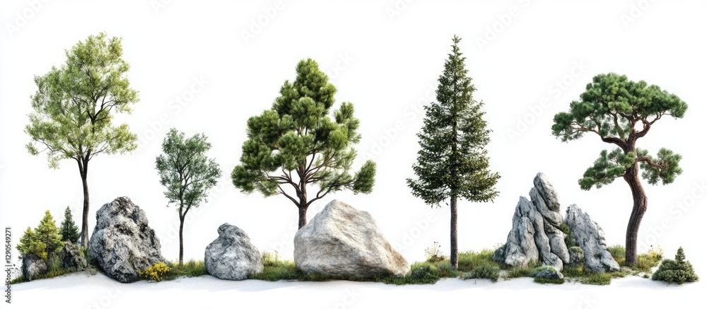 Poster isolated collection of various green trees and gray rocks arranged on a white background showcasing 