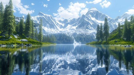 Serene Mountain Landscape with Snow-Capped Peaks and Crystal Clear Reflections in Calm Lake