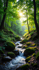 Obraz premium Serene Green Forest with Sun Rays and Flowing Stream