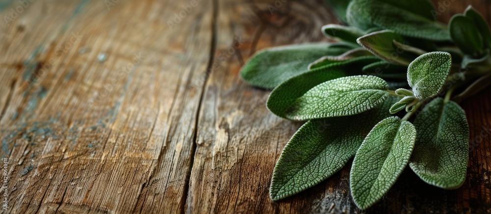 Poster fresh green sage leaves arranged on a rustic wooden surface with a textured background and ample neg