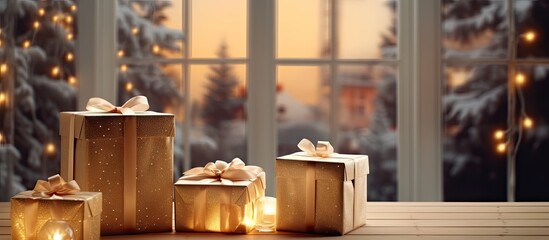 Golden gift boxes adorned with bows near a bright window showcasing a snowy landscape at sunset with warm lighting and soft decorations.