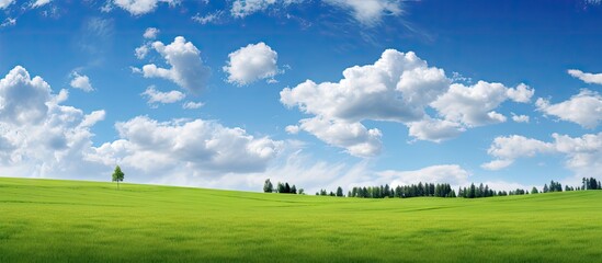 Vibrant green meadow under a bright blue sky filled with fluffy white clouds with distant trees on the horizon creating a peaceful summer landscape