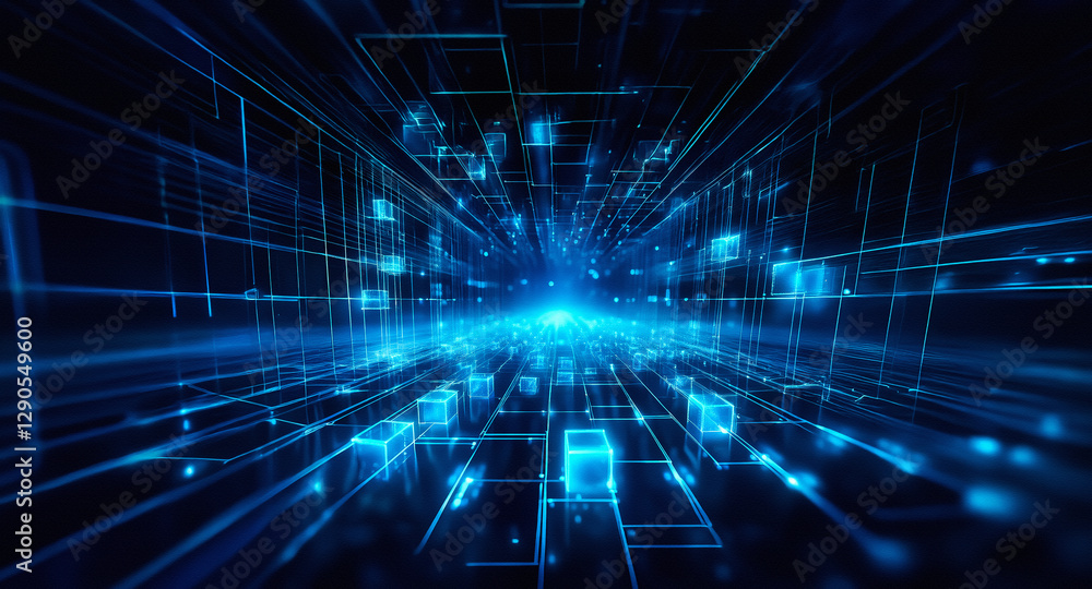 Poster abstract digital space rendered in blue hues, featuring glowing cubes and lines. geometric elements 