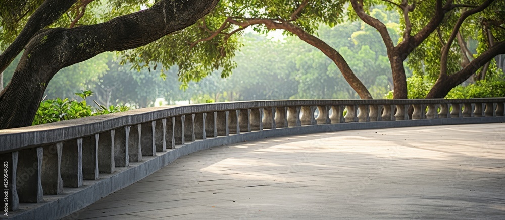 Aufkleber serene concrete pathway winding through a lush green park with artificial tree branch railing on the