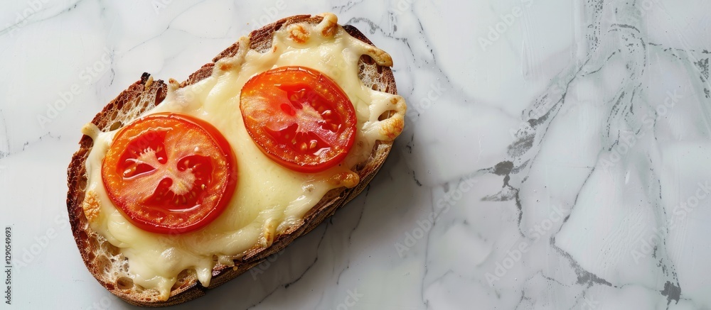 Poster Melted cheese and fresh tomato on toast resting on a light marble table with ample negative space for text above and to the side in soft natural light