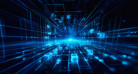 Abstract digital space rendered in blue hues, featuring glowing cubes and lines. Geometric elements create a futuristic, tech-driven perspective, resembling a cyber network.