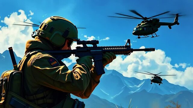 Soldier aiming a rifle in mountainous terrain with helicopters flying overhead, showcasing military action