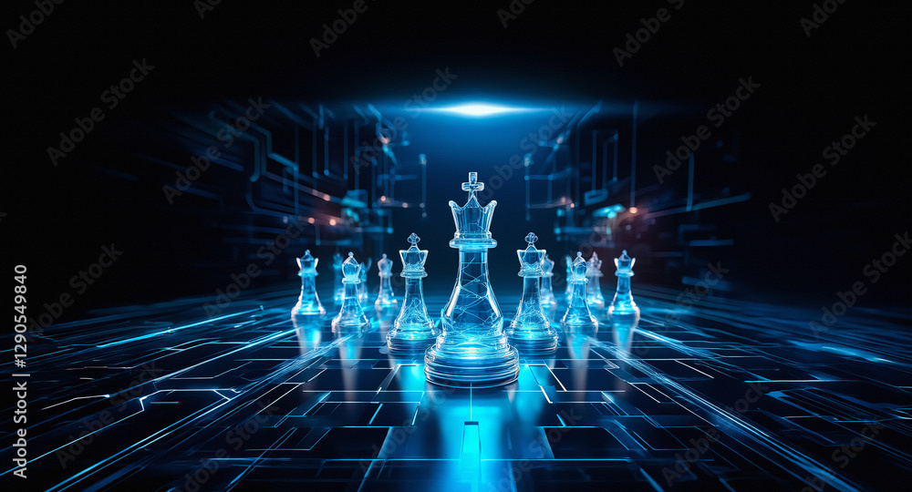 Poster blue illuminated chess pieces arranged on a glowing digital grid resembling a circuit board. dark ab