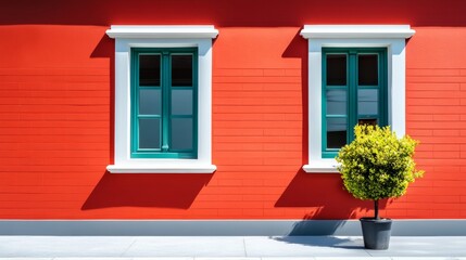 Red brick building with two windows and a potted plant in front of it. The building has a green trim on the windows