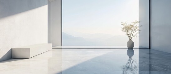 Minimalistic interior space with large window showcasing serene landscape, soft natural light, pale gray walls, and subtle plant accent in vase.