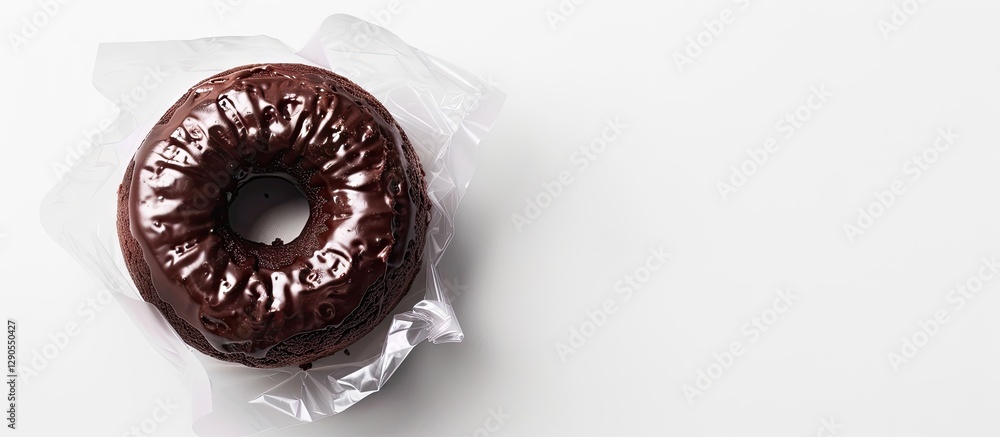 Poster chocolate donut with glossy frosting in transparent wrapping positioned top left on clean white back