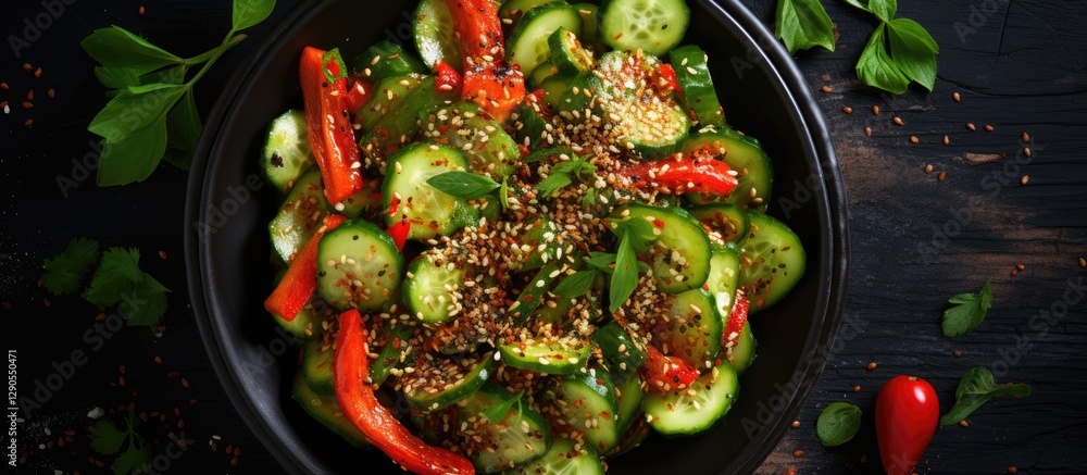 Poster smashed cucumber salad with red chili peppers and sesame seeds in a dark bowl top view featuring vib