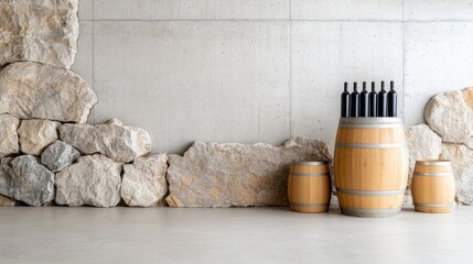 Wine bottles in barrel, stone wall cellar