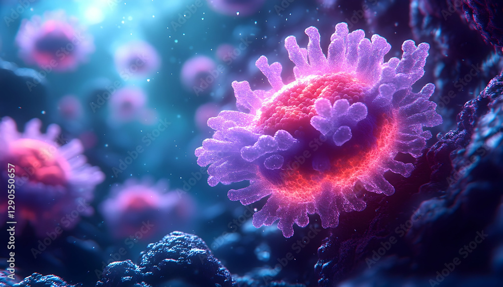 Poster abstract representation of viral pathogens under a microscope lens view