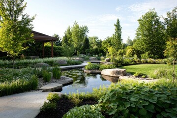 Fototapeta premium Tranquil pond view with rock path and lush garden, for landscape design promotion