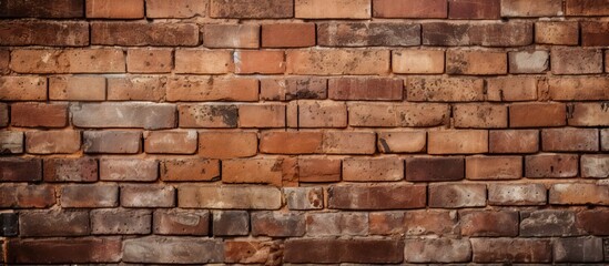 Fototapeta premium Textured brown brick wall with warm tones highlighted by natural light, featuring irregular patterns and aged surfaces, ideal for construction themes.