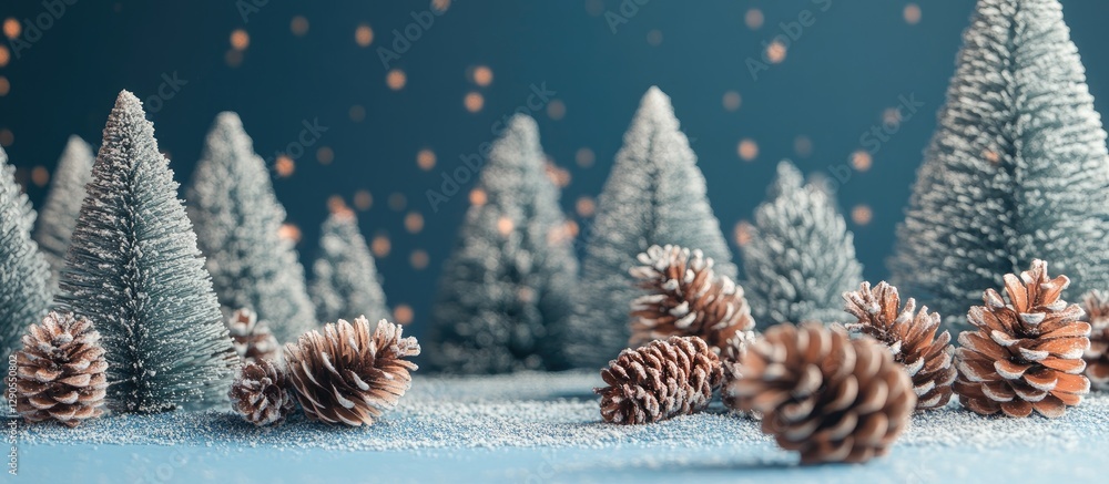Poster christmas themed pine cones and snowy evergreen trees on a blue background creating a festive atmosp