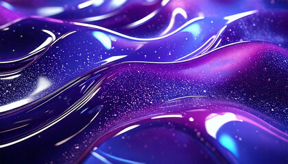 Abstract 3d shiny plastic waves with purple and blue textures.