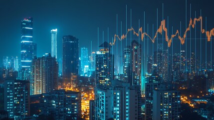 Night Cityscape with Stock Market Graph Overlay