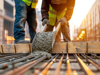 Construction workers pouring concrete at building site during sunset