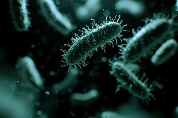 Fototapeta premium Microscopic bacteria in the dark environment, magnified for scientific research