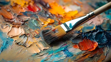 Obraz premium Vibrant palette of mixed oil paints with a brush creating texture on a canvas, artist's workspace