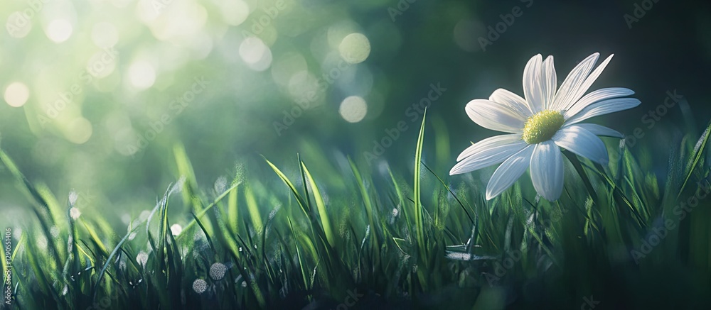 Aufkleber close up of a white daisy amidst lush green grass on a sunny spring meadow with luminous blurred bok