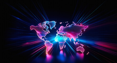 Vibrant world map outlined in neon colors, glows against a dark backdrop.  Electric blue and pink hues illuminate continents, radiating light in a digital style.