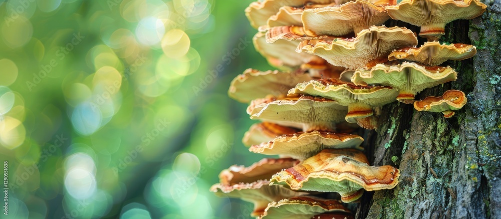 Poster bracket fungus growing on a tree trunk in a leafy forest with soft bokeh background and ample copy s