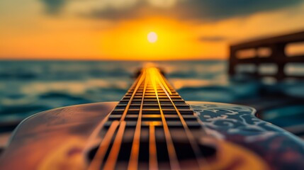 Guitar is shown in a close up of the sun setting over the ocean. Concept of peace and tranquility, as the warm colors of the sunset reflect off the guitar's surface
