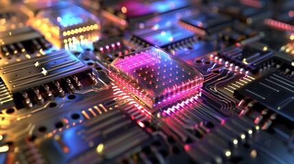 Abstract close-up view of a vibrant circuit board with glowing electronic components and patterns