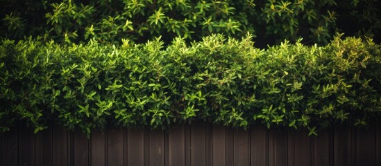 Lush green bushes with vibrant leaves positioned behind a rustic brown wooden fence creating a serene and tranquil outdoor atmosphere.