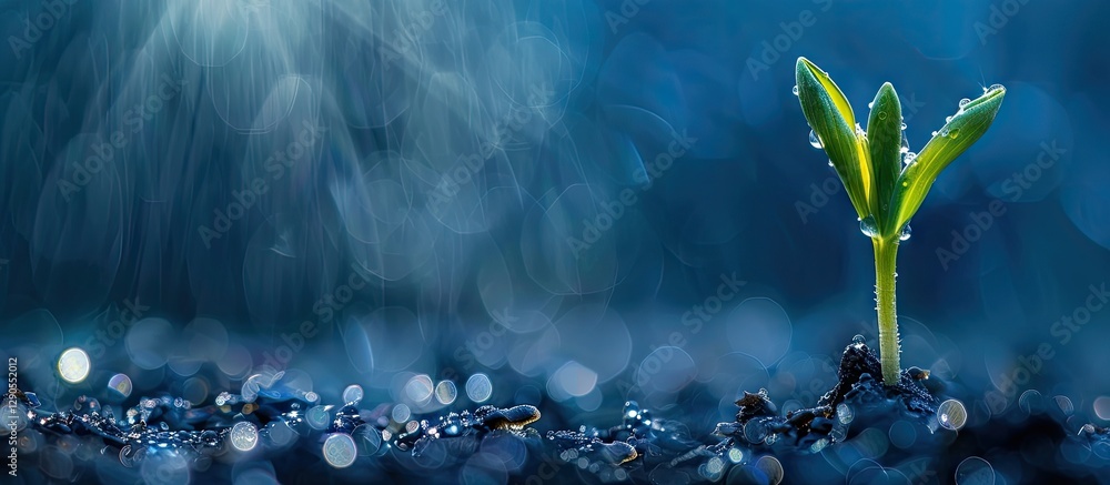 Aufkleber dew-covered green sprout emerging from dark soil against a soft blue background with sunbeam highlig