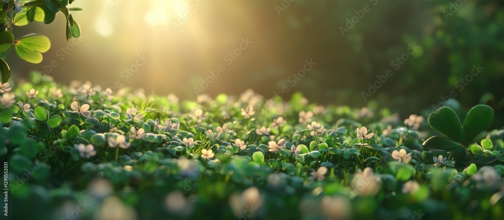 Poster lush green clover field with soft sunlight filtering through trees creating a serene atmosphere fill