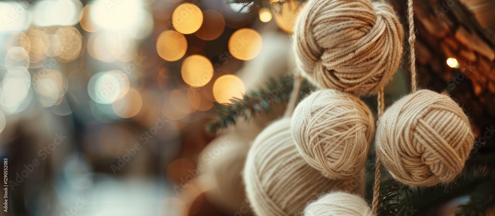Poster natural cream-colored hand spun wool balls hanging from a tree branch at a craft market with warm bo