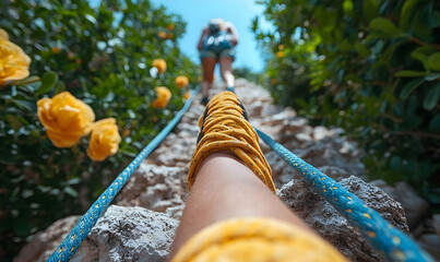 Point of view of person walking on tightrope, with a focus on balance, surrounded by lush greenery and vibrant yellow flowers