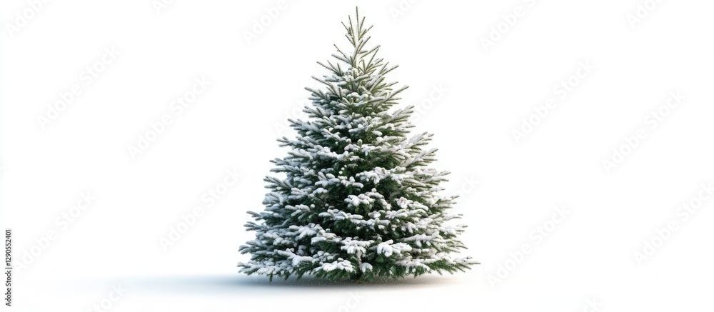 Poster snow-covered evergreen tree centered in image with fluffy white snow on branches against a plain whi