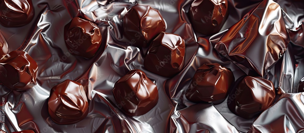 Poster dark chocolate candies nestled in crumpled silver foil, creating a rich texture with ample copy spac