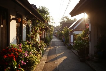 Fototapeta premium Village alley with plants and flowers in Bali at sunset for travel