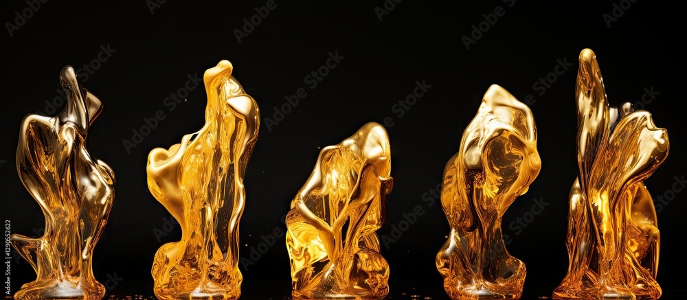 Poster fluid molten gold shapes with smooth curves and sharp edges against a black background showcasing fi