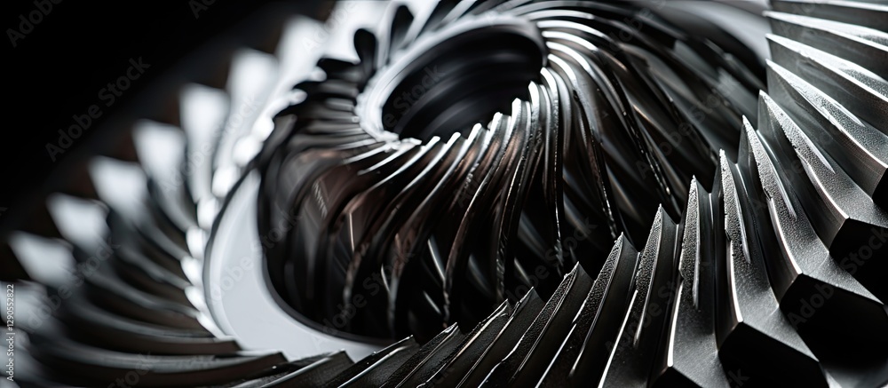 Poster abstract close-up of a metallic spiral turbine blade with sharp edges in shades of silver and gray, 