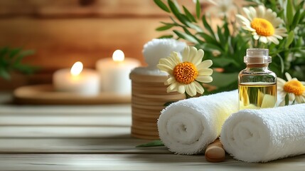 Relaxing Spa Day: Chamomile Essential Oil, White Towels, and Candles