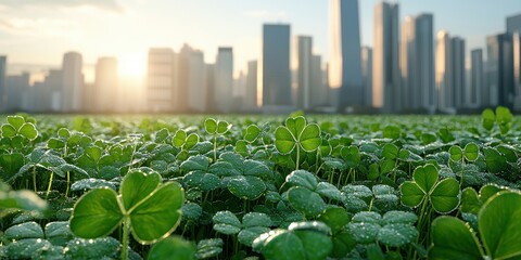 A lush field of clover in the foreground, glistening with dew, contrasts beautifully with a modern city skyline at sunset.