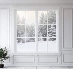 Snowy winter view from a white paneled room window