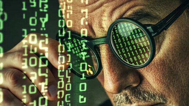 A cyberpunk hacker with binary code reflections in glasses, immersed in digital data streams. 4K video