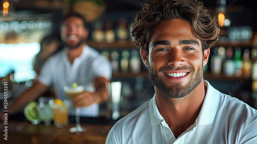 Poster man with a beard and a smile is standing in front of a bar with a glass of lemonade in his hand
