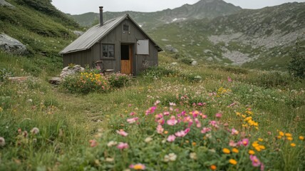 Fototapeta premium Rustic Green Cabin in Vibrant Wildflower Alpine Meadow
