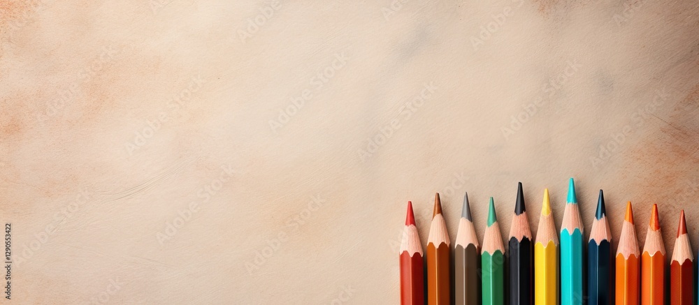 Poster colorful crayons arranged in a row at the bottom on a textured vintage paper background with ample c