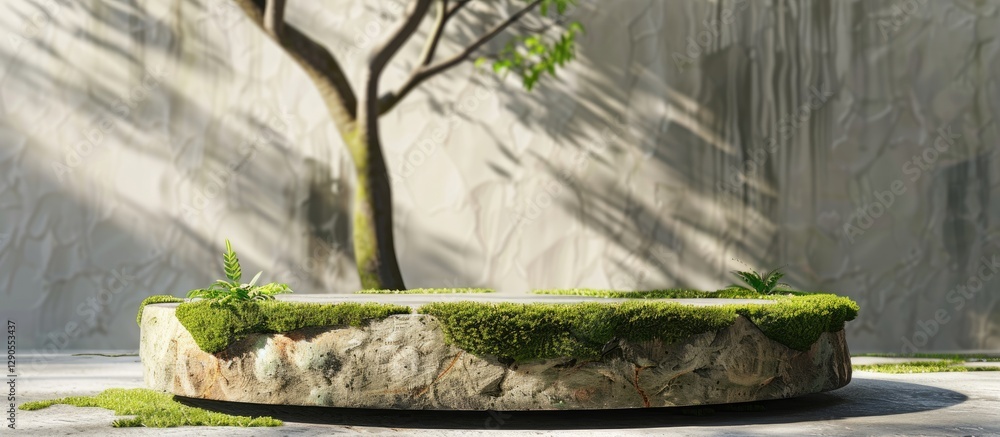 Poster moss covered stone podium in foreground with soft tree shadow casting in background creating a seren